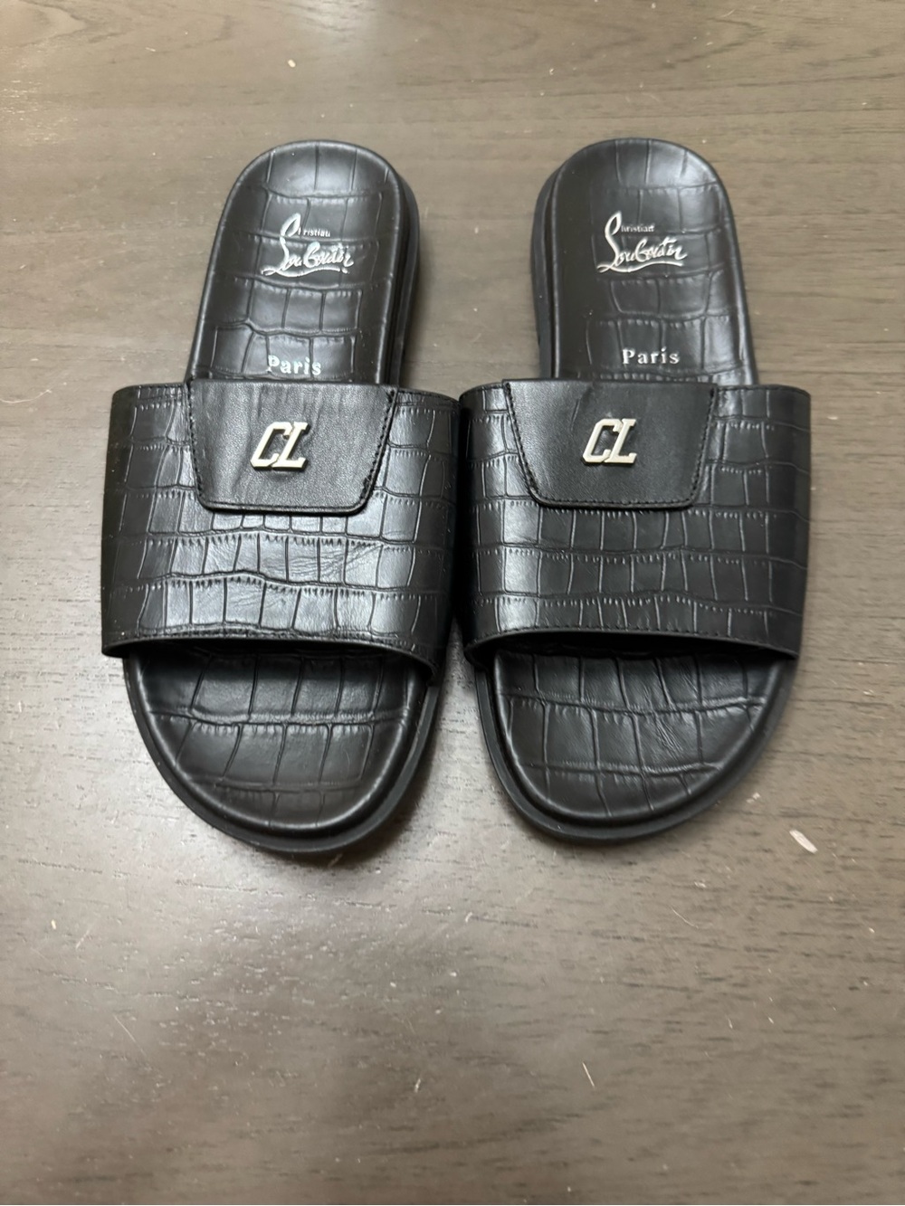 Christian Louboutin Black Croc-Embossed Logo Slide Sandals size EU 39
